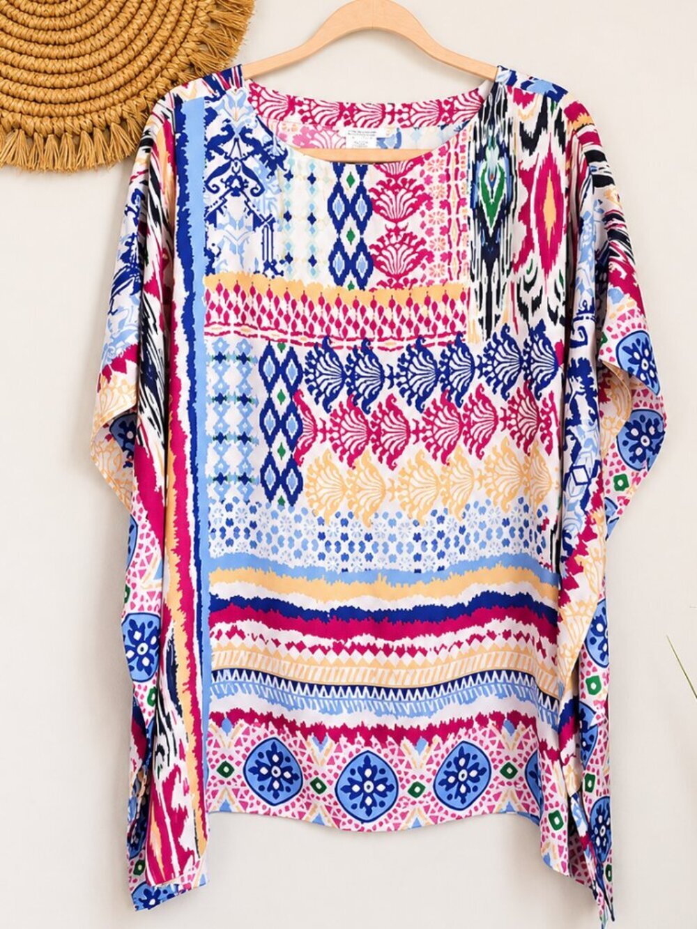 Chico's Vibrant Colorful Satin Mix Print Poncho Kaftan Blouse SZ Medium Resort